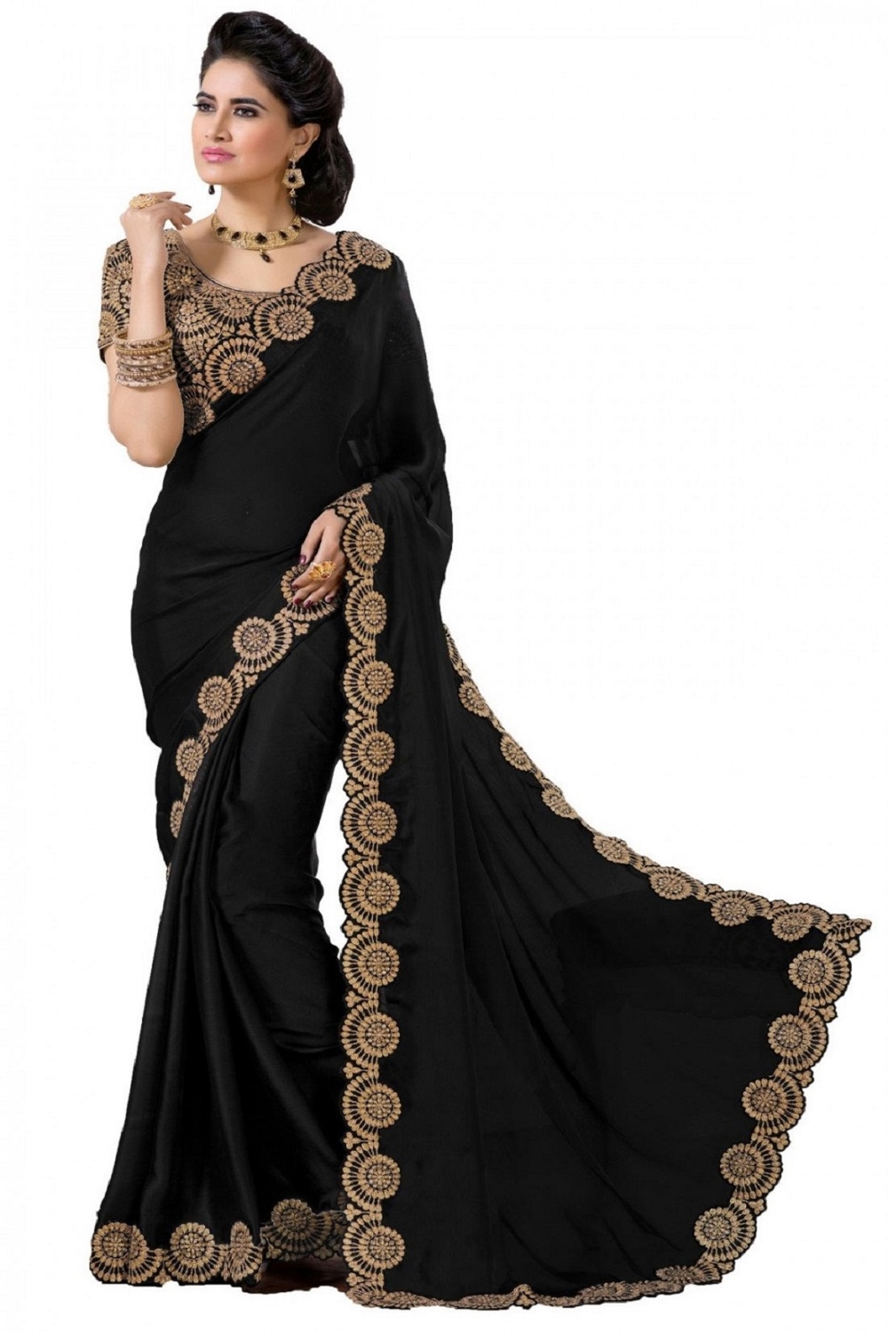 Buy Bhavna creation Black Chiffon Embroidered Saree With Blouse Online ...