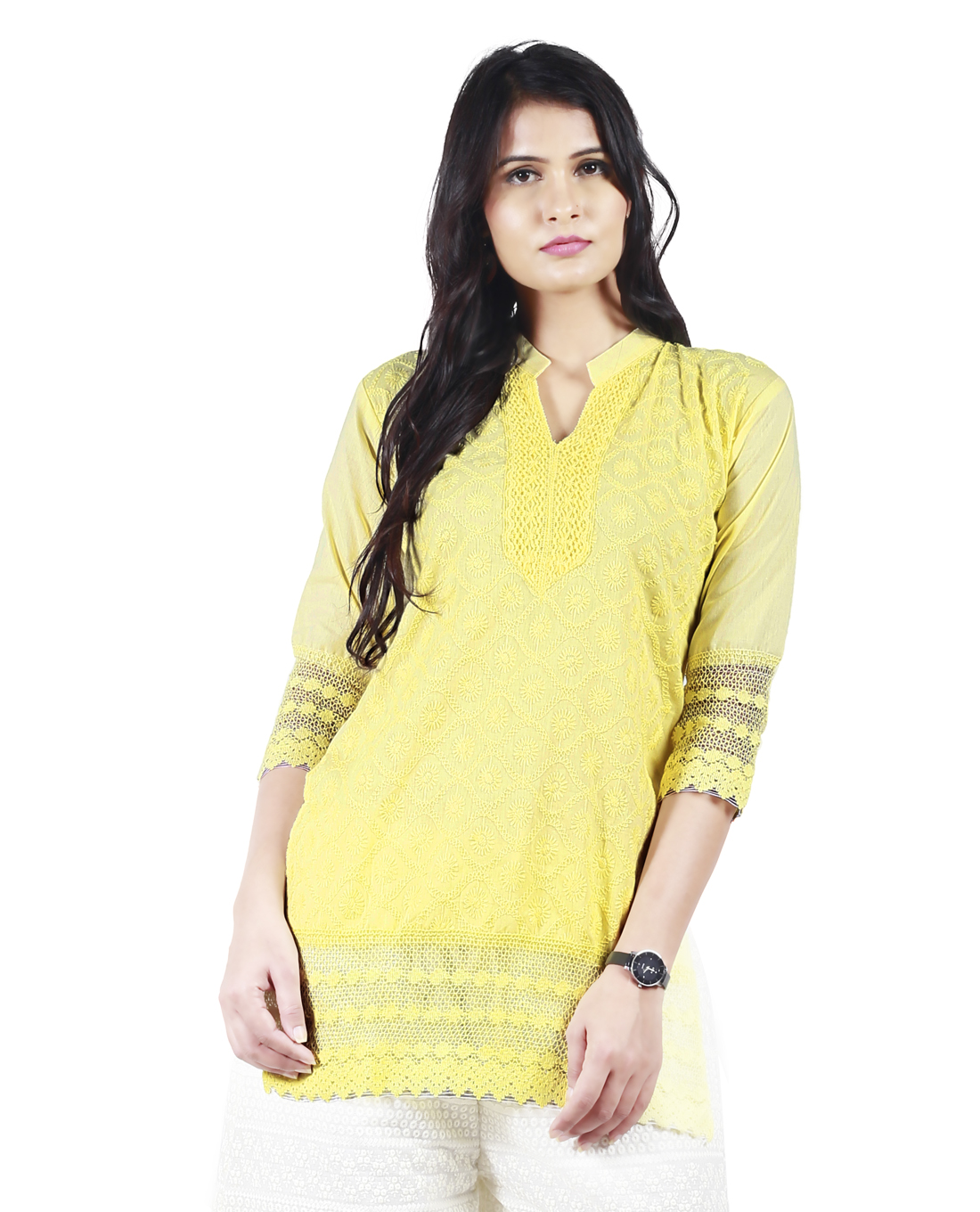 Haut Femme Ethnique Indien Chikan Kurta - Broderie Artisanale, Coton, Couleur Verte - Taille 18, Manches Courtes - Neuf Avec étiquettes