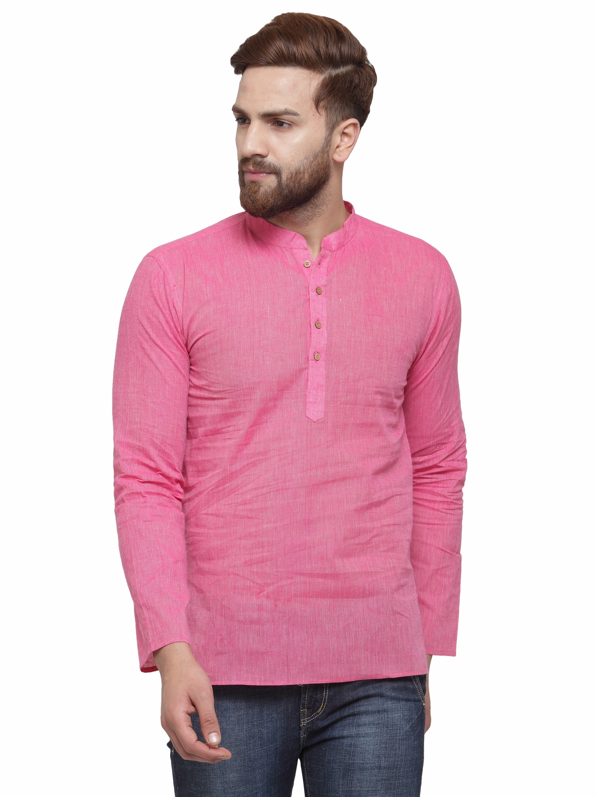 Men'S Magenta Pink Solid Cotton Short Kurta