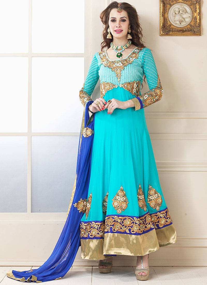 Shop Beautiful Cotton Readymade Anarkali Suit Sky Blue Online - Shopclues