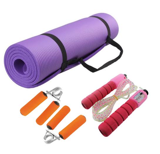 Buy Combo Of 3 Yoga Mat 6 mm, Skipping Rope, Hand Grip Online