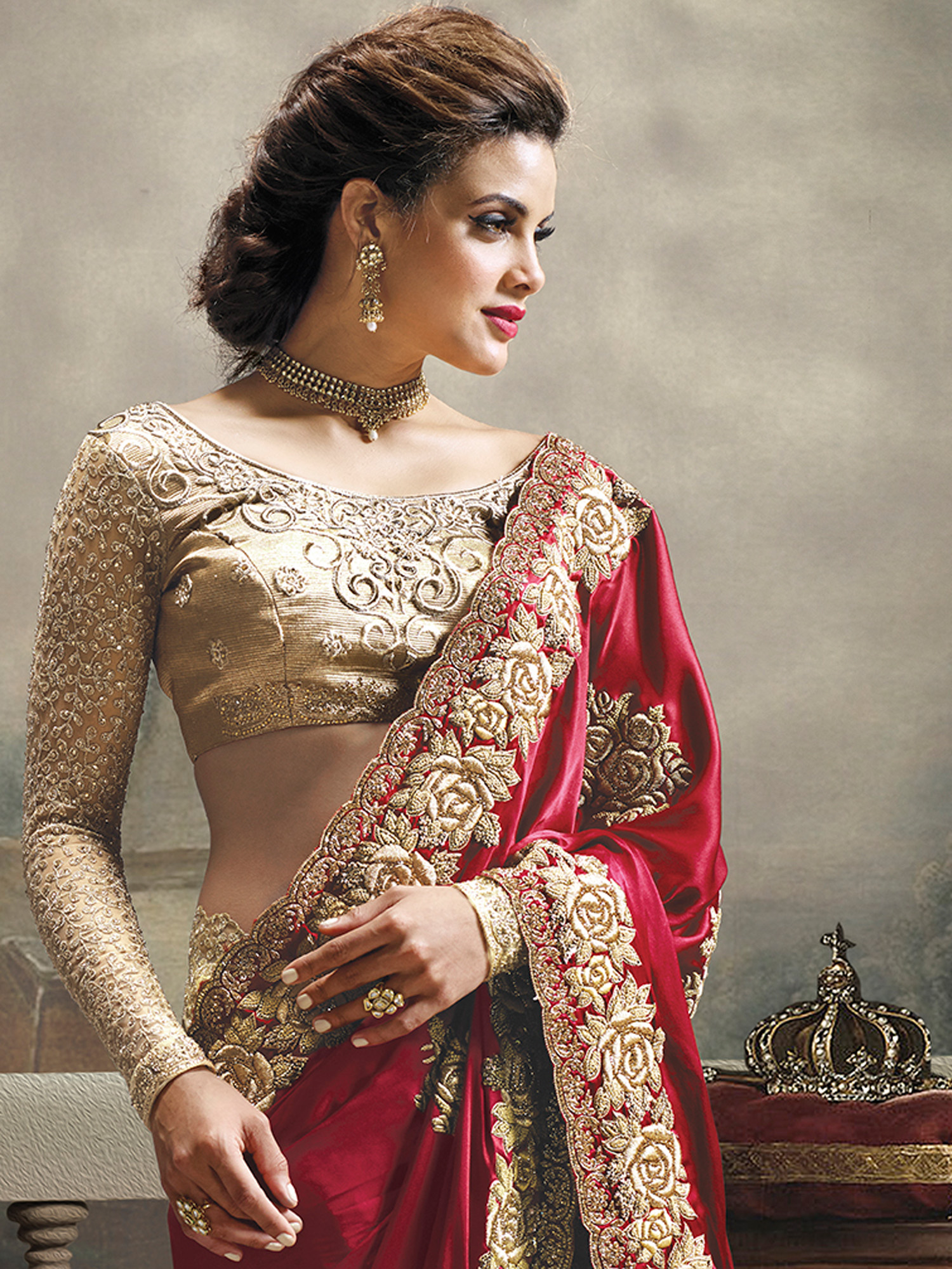 cream and maroon bridal saree