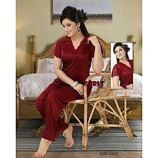 Buy 269D Hot Sleep Set 2pc Top & Pajama Maroon Night Dress Daily Bed Lounge  Wear New Online