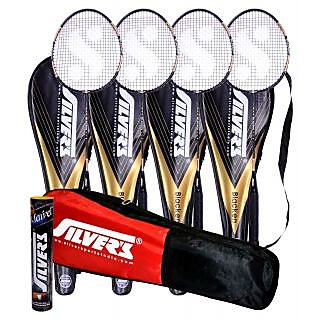 4 SILVER'S BLACKEN BADMINTON RACKETS WITH 4 INDIVIDUAL 3/4TH COVERS(ASSORTED) & 1 BOX SILVER'S SHUTTLECOCK MARVEL(PACK OF 10) & 1 SILVER'S KITBAG( 1 COMPARTMENT & 1 POCKET)
