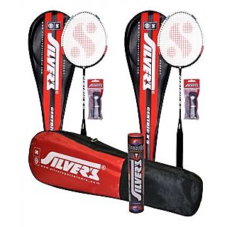 2 SILVER'S CENTRIC (UNIPIECE) GRAPHITE SHAFT BADMINTON RACKETS(ASSORTED) WITH 2 INDIVIDUAL FULL COVERS & 1 BOX SILVER'S SHUTTLECOCK SUZUKI(PACK OF 10) & 2 SILVER'S PVC GRIPS & 1 SILVER'S KITBAG( 1 COMPARTMENT & 1 POCKE