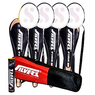 4 SILVER'S FIRE BADMINTON RACKETS WITH 4 INDIVIDUAL 3/4TH COVERS(ASSORTED) & 1 BOX SILVER'S SHUTTLECOCK MARVEL(PACK OF 10) & 1 SILVER'S KITBAG( 1 COMPARTMENT & 1 POCKET)