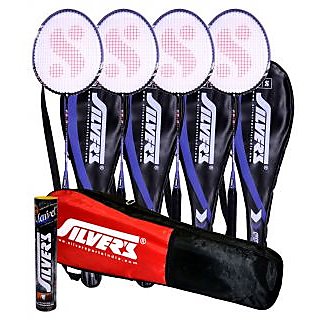 4 SILVER'S FP-2 BADMINTON RACKETS WITH 4 INDIVIDUAL 3/4TH COVERS(ASSORTED) & 1 BOX SILVER'S SHUTTLECOCK MARVEL(PACK OF 10) & 1 SILVER'S KITBAG( 1 COMPARTMENT & 1 POCKET)