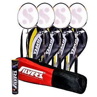 4 SILVER'S LEGEND BADMINTON RACKETS WITH 4 INDIVIDUAL 3/4TH COVERS(ASSORTED) & 1 BOX SILVER'S SHUTTLECOCK MARVEL(PACK OF 10) & 1 SILVER'S KITBAG( 1 COMPARTMENT & 1 POCKET)
