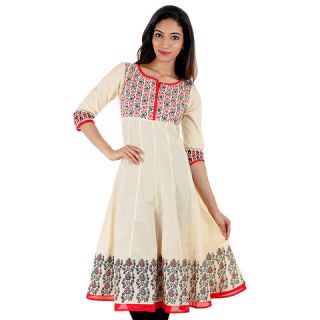Elegant Printed Cotton Anarkali Kurti Off White And Multicolor