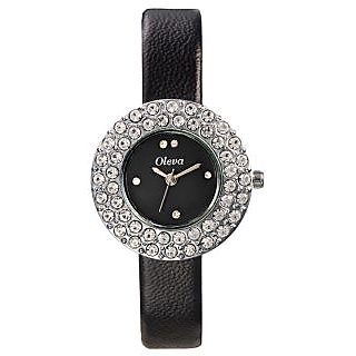Oleva Round Dial Black Leather Strap Womens Quartz Watch