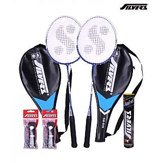 2 Silver's Sb-818 Badminton Racquets With 2 Individual 3/4Th Covers (Assorted) & 1 Box Silver's Shuttlecock Marvel (Pack Of 10) & 2 Silver's Pvc Grips