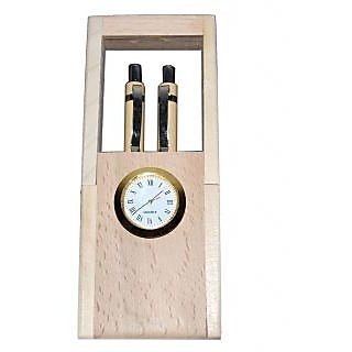 Onlineshoppee Brown Wooden Handicrafts Showpiece Pen Stand With Clock