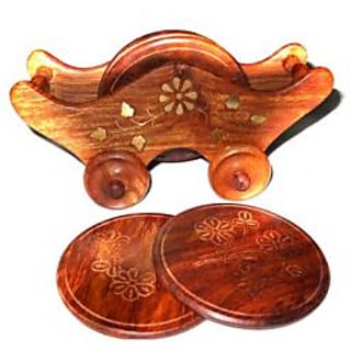 Crafts Paradise - Wooden Coasters Set, Beautifully Handcarved With Brass Inlay W - 73202958