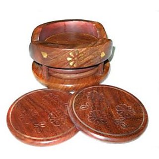 Olineshoppe Handcarved Wooden Coaster Set With Brass Inlay Work (L/W/H - 4.2 "