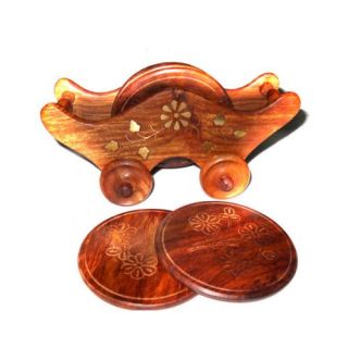 Onlineshoppee Wooden Coasters Set, Beautifully Handcarved With Brass Inlay Work