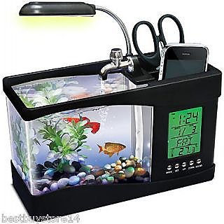 Garosa Fish Tank Aquarium Multifunctional USB Rechargeable Mini Fish Tank Aquarium with Clock Function LED Light 