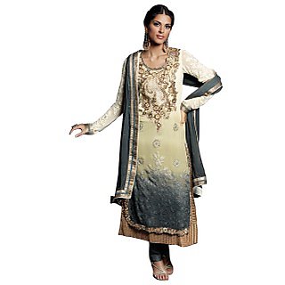 Colors Fashion Cream And Grey Faux Georgette Latest Designer Party Wear Straight Fit Salwar Suit Dress