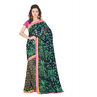 Lookslady Printed Dark Blue & Green Georgette Saree