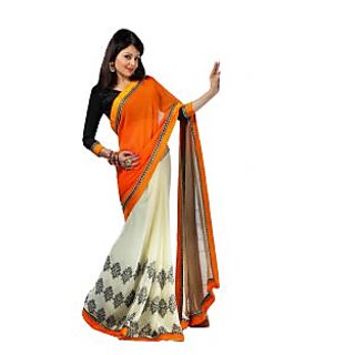 FabPandora Women's Orange,Ivory Georgette Saree With Blouse Piece