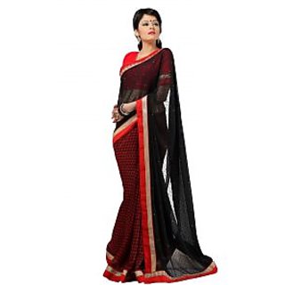 FabPandora Women's Black,Red Georgette Saree With Blouse Piece
