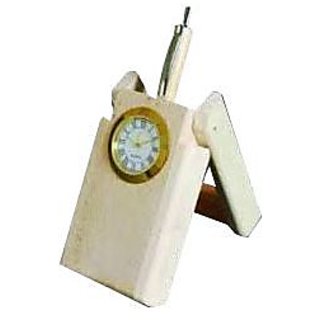 Khan Handicrafts Wooden Folding Pen Stand With Analog Clock