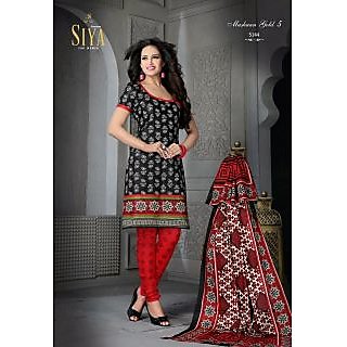                       Black with Red Design Cotton Printed Dress Material (Unstitched)                                              