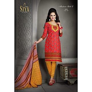                       Red with Yellow Colour Design Cotton Printed Dress Material (Unstitched)                                              
