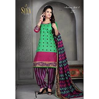                       Green with Pink Colour Design Cotton Printed Dress Material (Unstitched)                                              