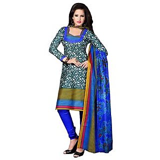                       Green with Blue Colour Design Cotton Printed Dress Material (Unstitched)                                              