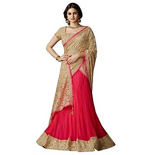 Triveni Spectacular Dual Colored Jacquard Satin Half Half Lehenga Saree Triveni Spectacular Dual Colored Jacquard Satin Half Half Lehenga Saree