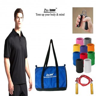 Gym Combo of T-shirt, Shorts, Skipping Rope, Hand gripper, Wristbands & Bag