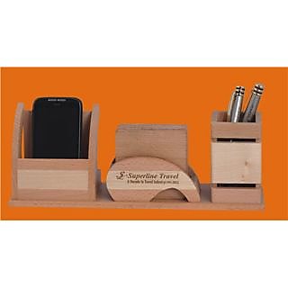D-1 Personalized Laser Engraved Desktop Wooden Pen Stand With Cup Coaster