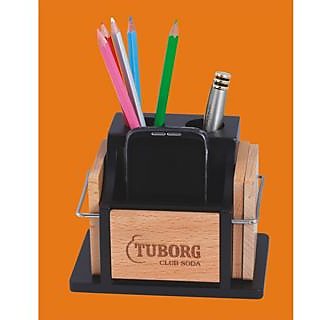 D-5 Personalized Laser Engraved Desktop Wooden Pen Stand With Cup Coaster
