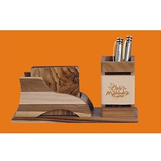 D-3 Personalized Laser Engraved Desktop Wooden Pen Stand With Cup Coaster