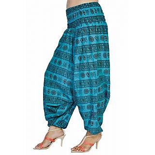 Women Sky Blue Color Om Printed Cotton Harem Pants Afghani