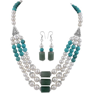                       Pearlz Ocean Shell Pearl  Turquoise And Green Aventurine Necklace Set                                              