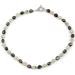                       Pearlz Ocean Draped In Pearls Fresh Water Pearl & Prehnite Gemstone Beads 18 Inches Necklace                                              