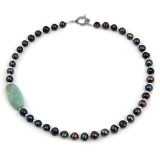                       Pearlz Ocean Prom Night Dyed Fresh Water Pearl & Green Amazonite Gemstone Bead 18 Inch Necklace                                              