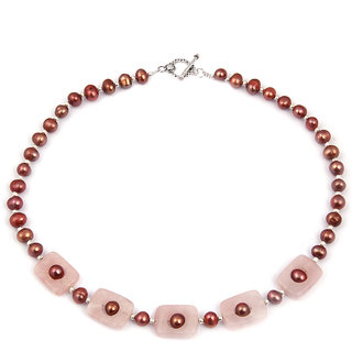 Pearlz Ocean Strawberry Sorbet Rose Quartz Gemstone Bead & Fresh Water Pearl 18 Inches Necklace
