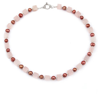 Pearlz Ocean Orchid Riddles Fresh Water Pearl & Rose Quartz Gemstone Beads 18 Inches Necklace