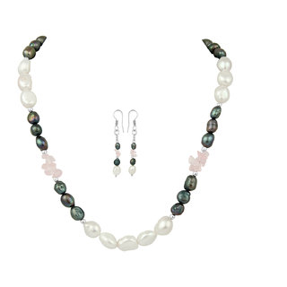                       Pearlz Ocean Rose Quartz Chips and Fresh Water Pearl Necklace Set                                              