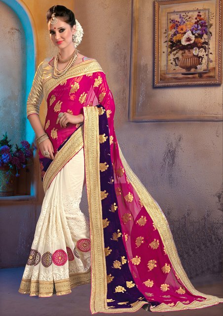 Dairy Cream Banarasi Woven Silk Saree with Designer Blouse – MySilkLove