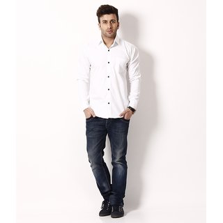 white shirt with blue chinos