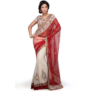 Utsav Fashion Red and Off White Net Saree with Readymade Blouse SUF4577