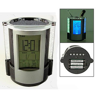 Round Bubble Glowing LED Pen Holder with Digital LCD Desk Table Clock