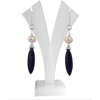                       Ocean 25 Stylish Inch White Fresh Water Pearl  Dyed Lapis Lazuli Earrings                                              