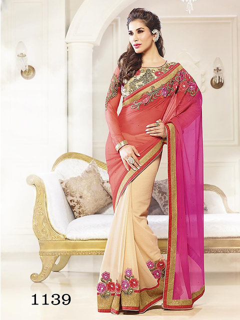 Hot Pink Embroidery Work 3D Flower Chiffon Silk Designer Fancy Half Sarees.  Buy online shopping sarees at - Mauritius.