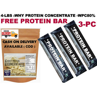 4Lbs-Whey Protein Concentrate WPC80%:-Unflavored - FREE PROTEIN BAR 3PC OF 300RS
