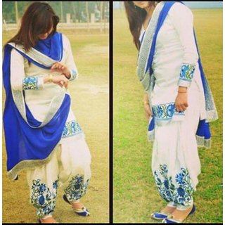 Vendorvilla White Cotton Embroidered Semi- Stitched Dress Material