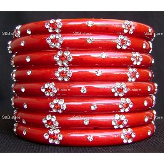 Beautiful hand crafted red color glass bangles/kara, with embedded crystals